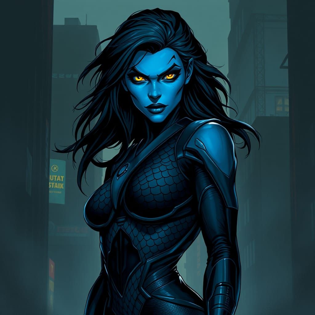 Mystique in Dystopian Cityscape, Comic Book Realism