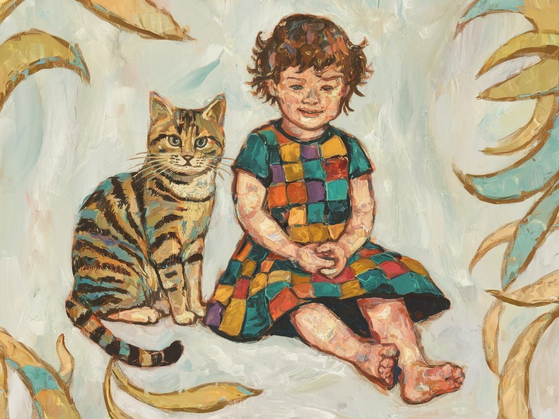 Whimsical Child and Cat in Vibrant Patchwork Style