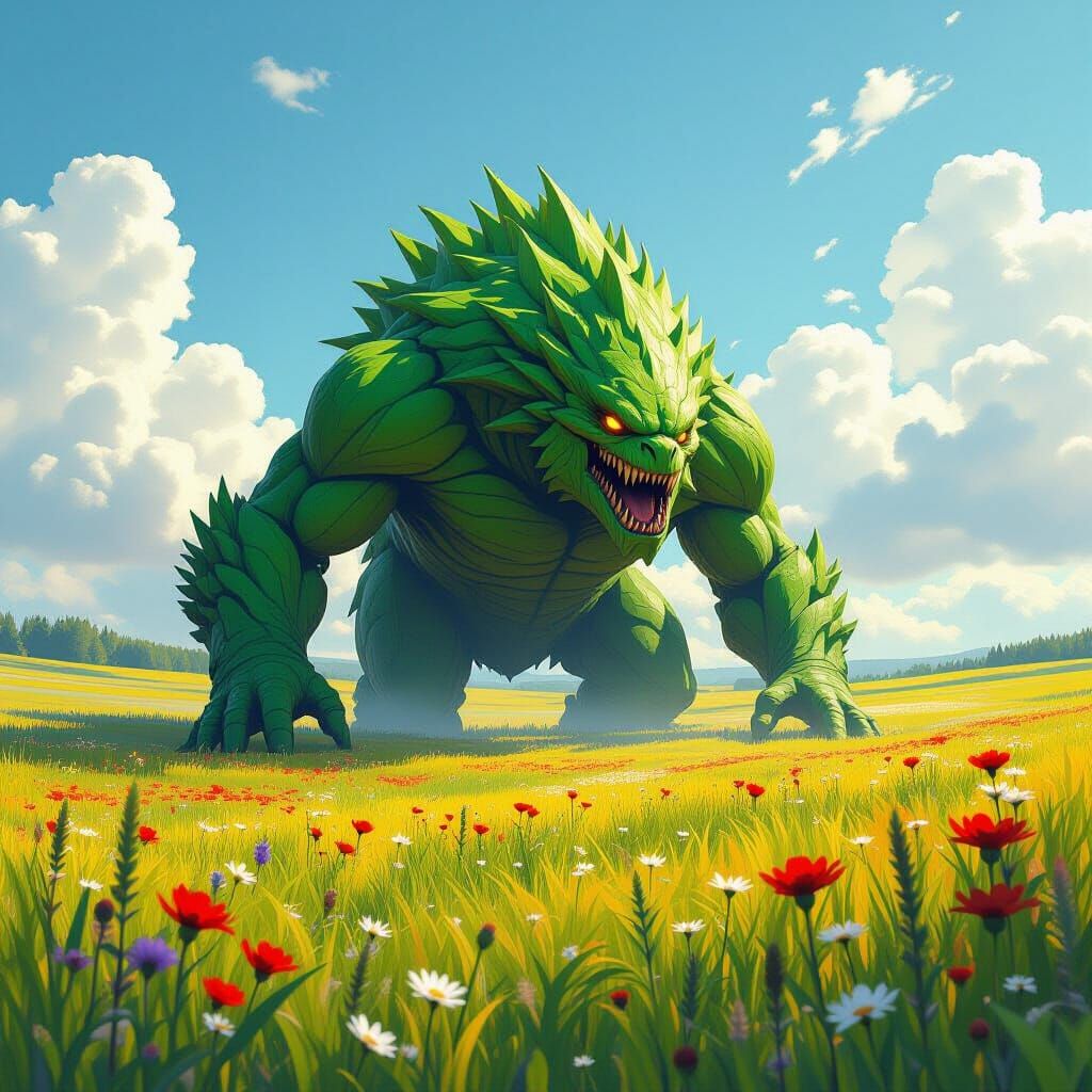 Green Monster Roaming in Vibrant Wildflower Field