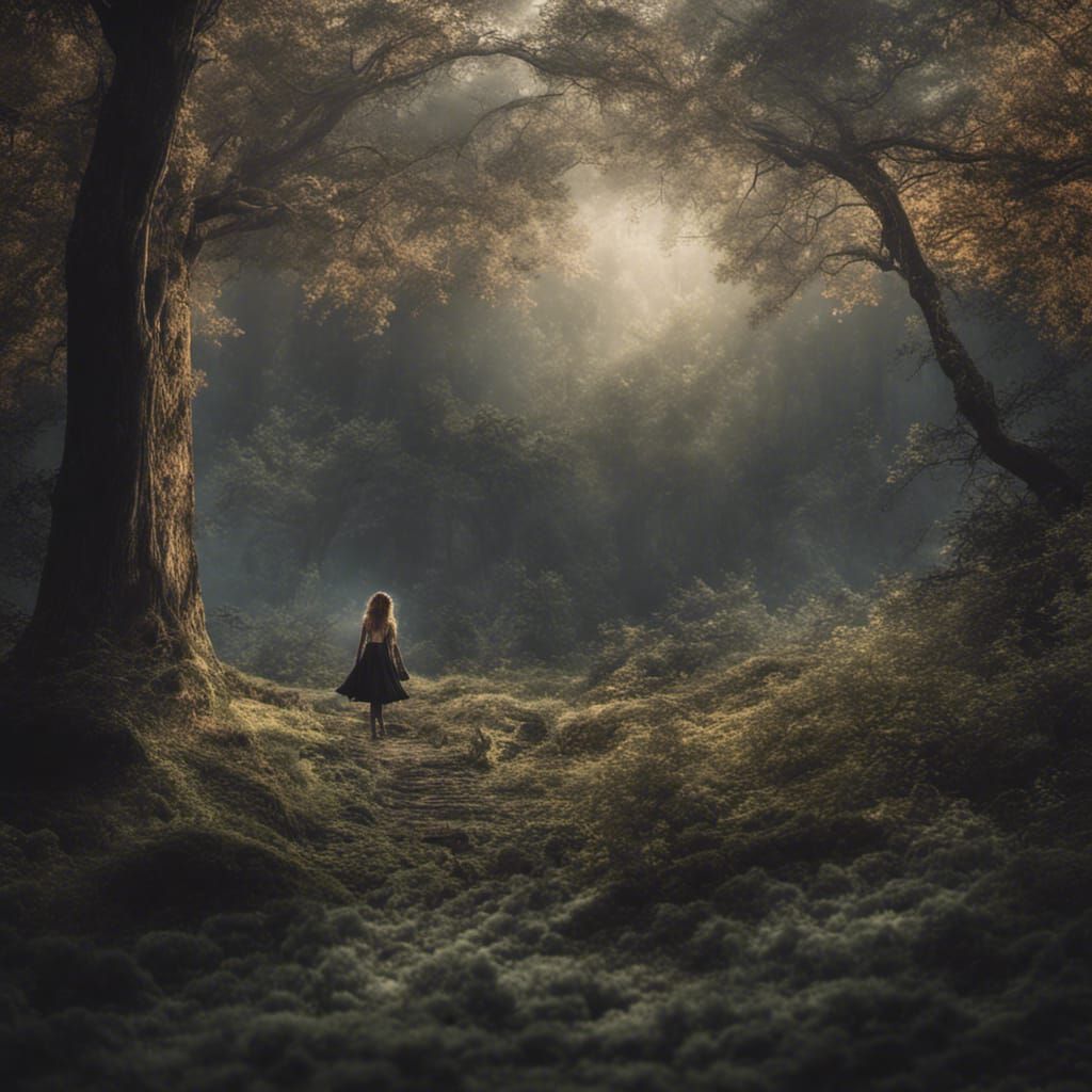 Hyperrealistic Forest Scene with Girl, Oil Painting Style