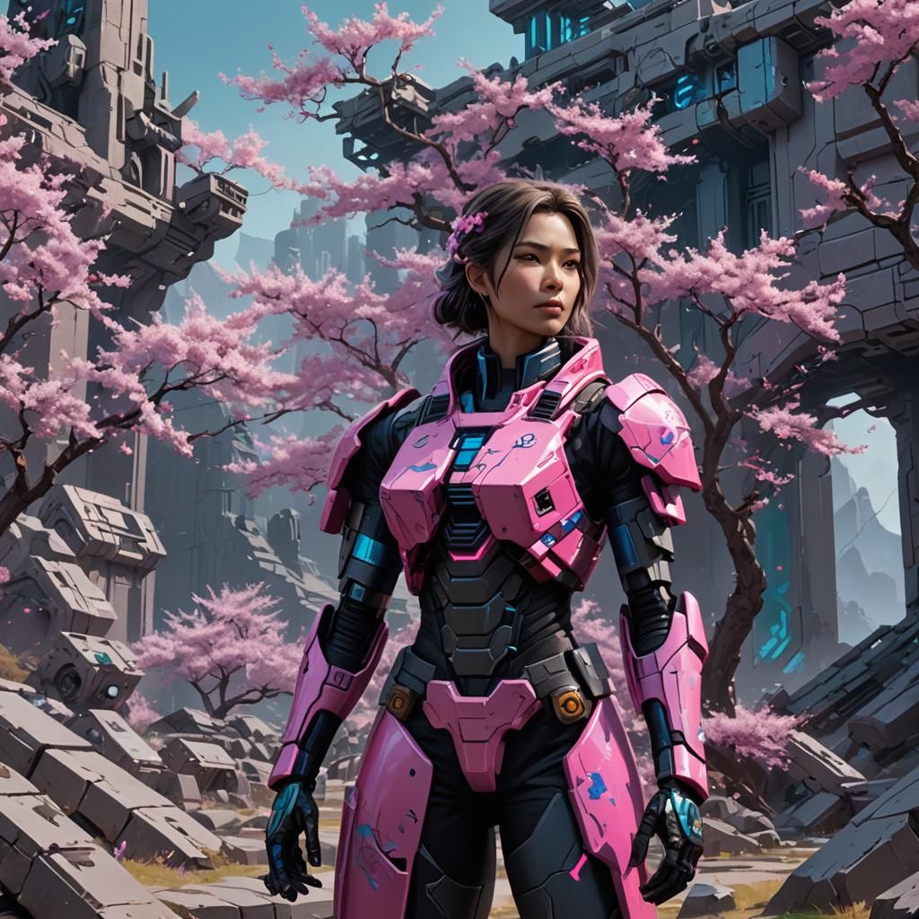 Cyberpunk Technician in Bionicle Ruins with Cherry Blossoms