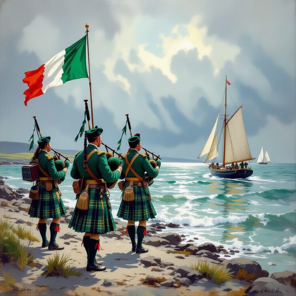 Irish Soldiers Play Bagpipes on Stormy Shore