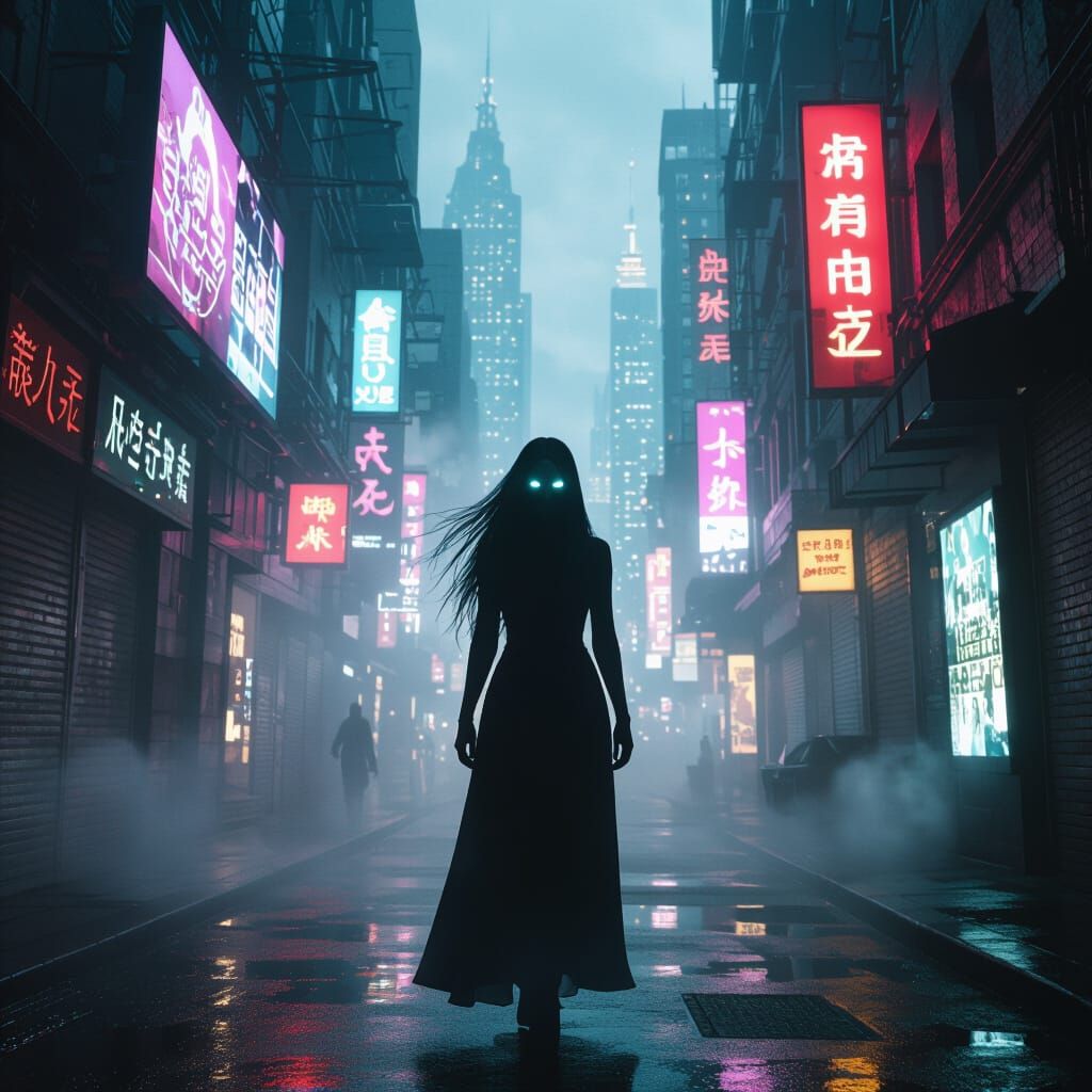 Dystopian Woman in Steamy Alleyway with Glowing Eyes
