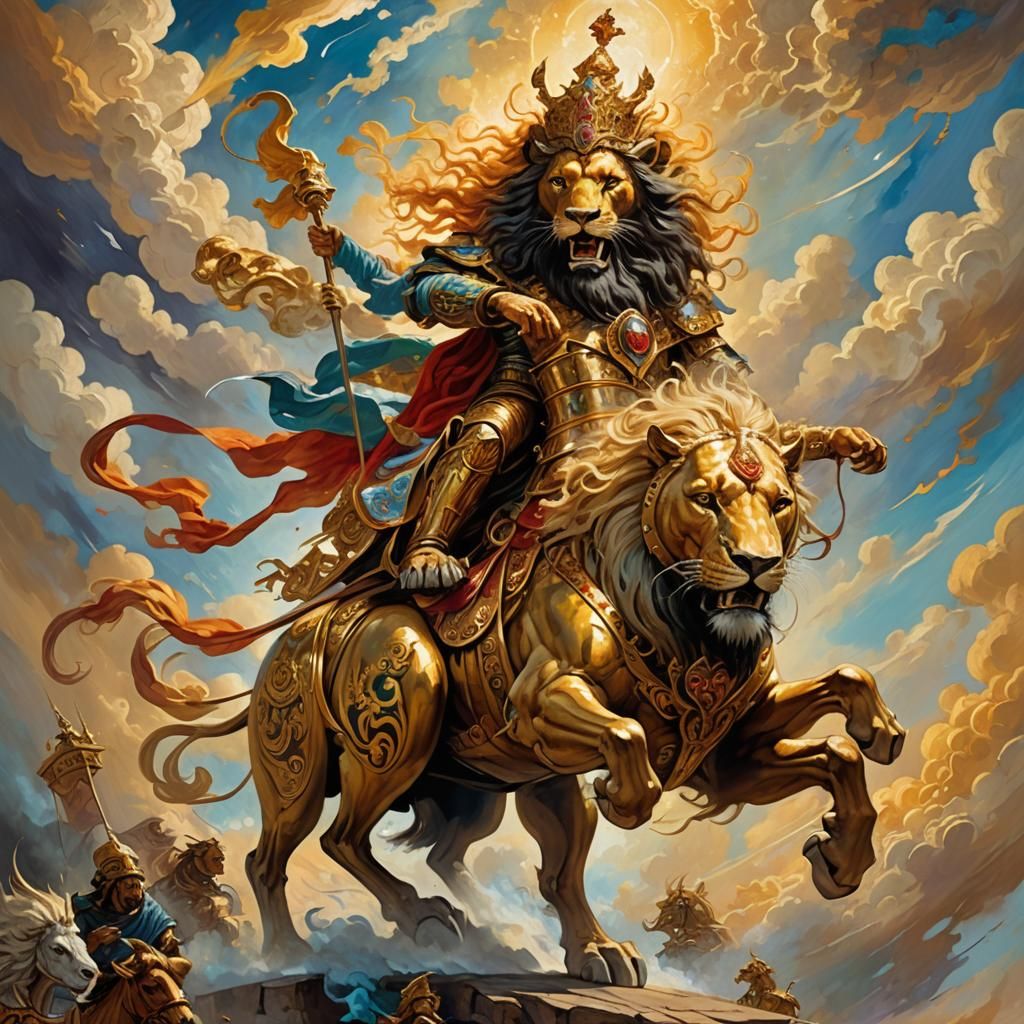 Regal Charioteer in Mystical Realm, Oil Painting Style