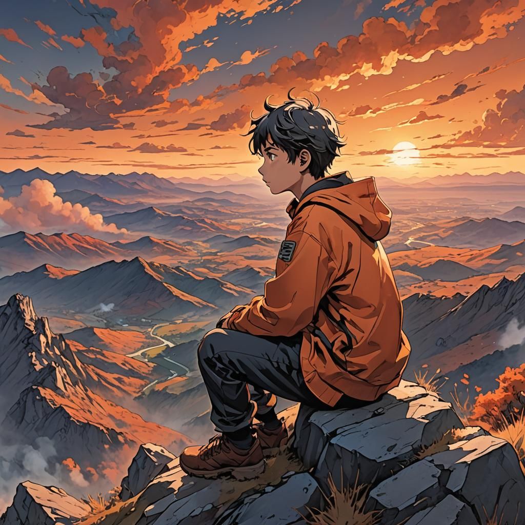 Boy on Mountain Peak: Manga-Style Sunset Scene