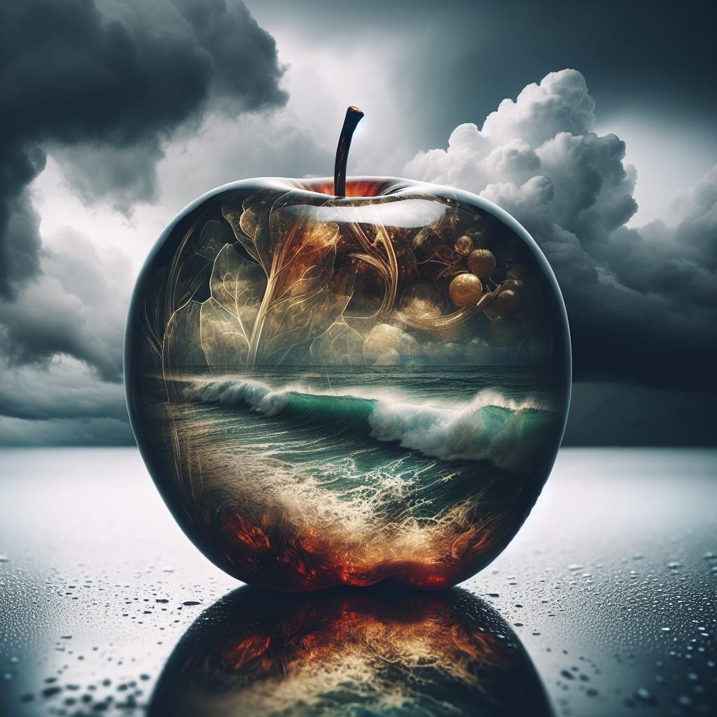 Stormy Sea Inside a Glass Apple: Double Exposure