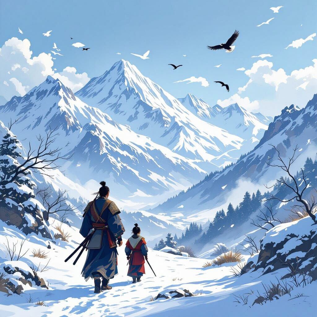 Samurai Father and Son in Majestic Snowy Mountains