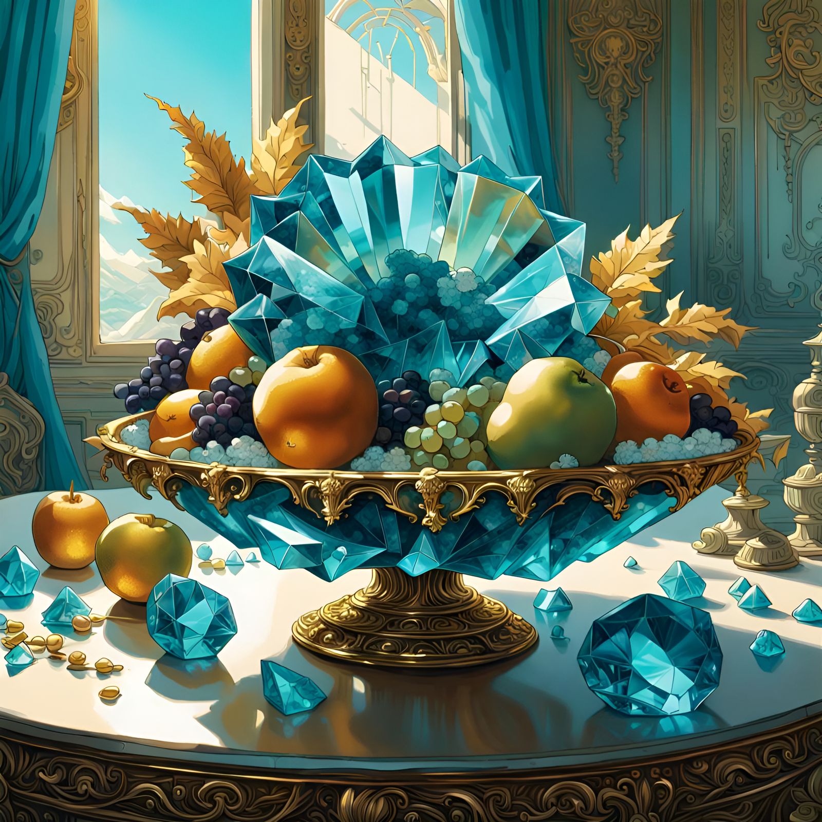 Crystallized Cornucopia with Shiny Fruit, Digital Art