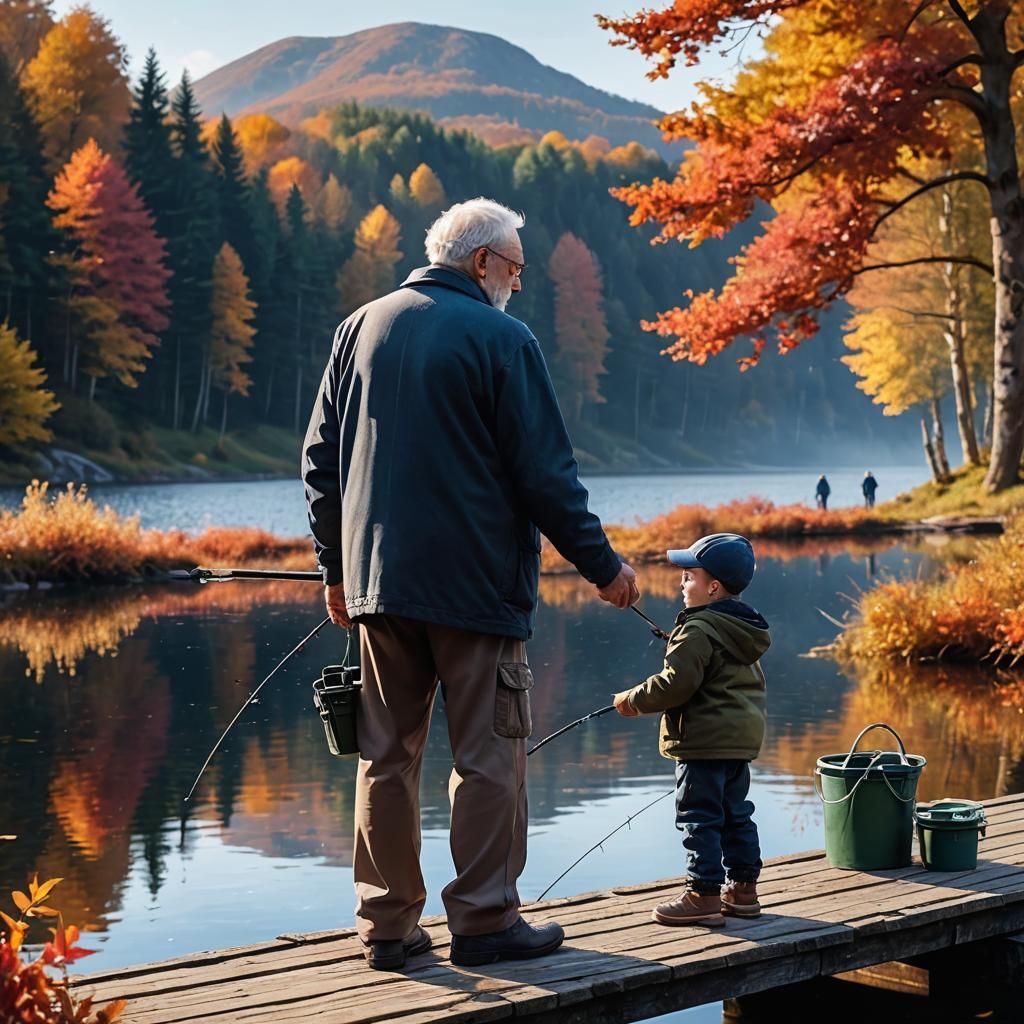Autumn Lake: Grandfather Teaching Grandson to Fish
