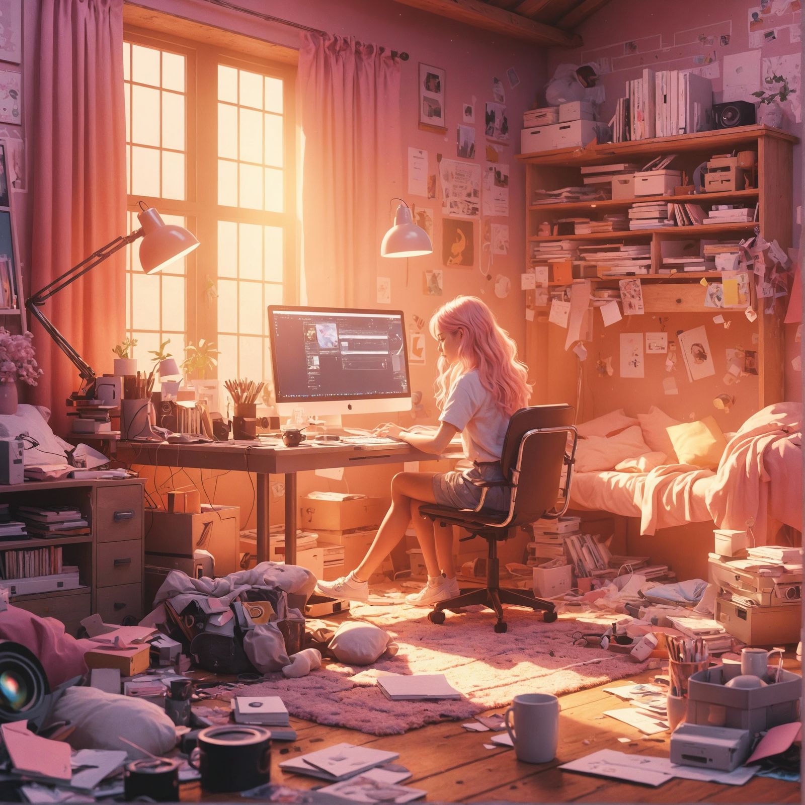 Cozy Cluttered Room in Pastel Pink Hues