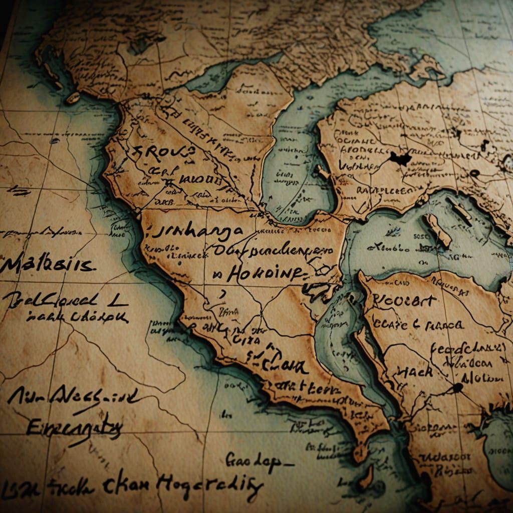 Weathered Map of a Cinematic Journey, Hand-Drawn Notes and F...