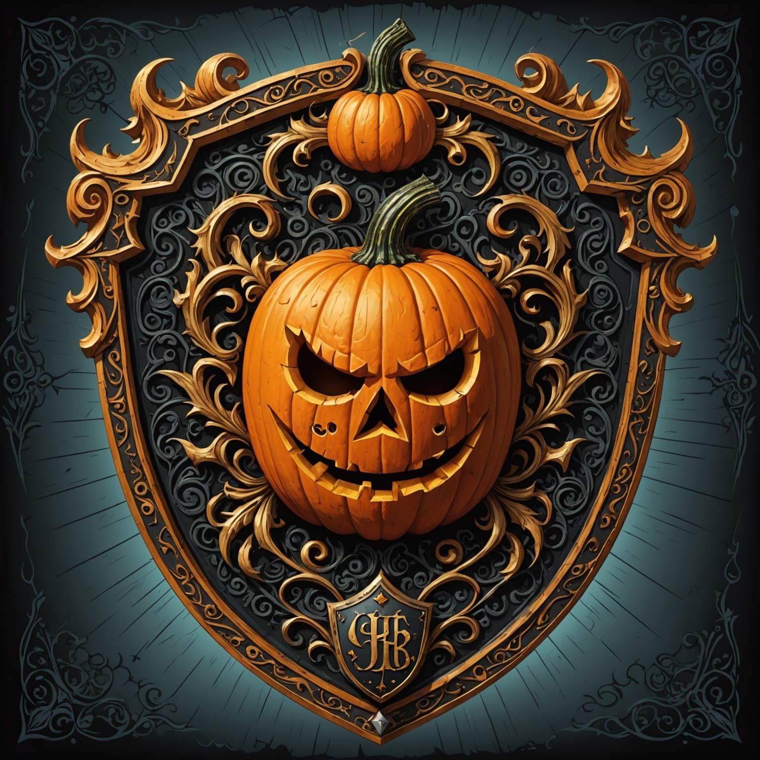 A majestic, ornate shield adorned with the "pumpkin king" fa...