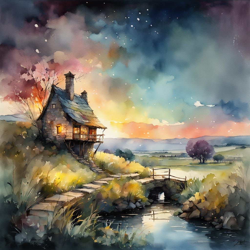 Enchanting Watercolor Fairy House Amidst Sunset Splendor