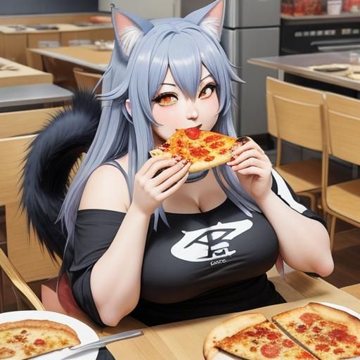 Anime Girl with Cat Features Eating Pizza
