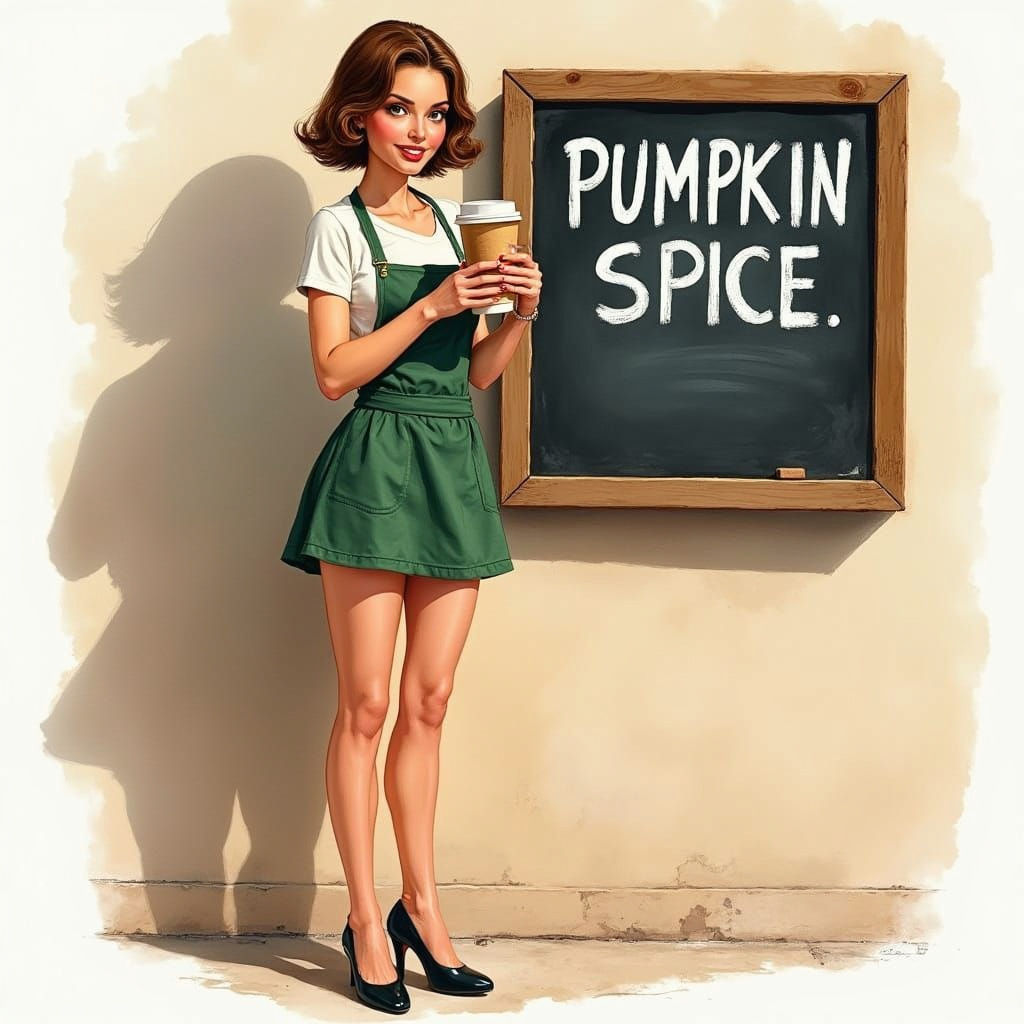 Pretty Barista Holds Pumpkin Spice Cup in Watercolor Style