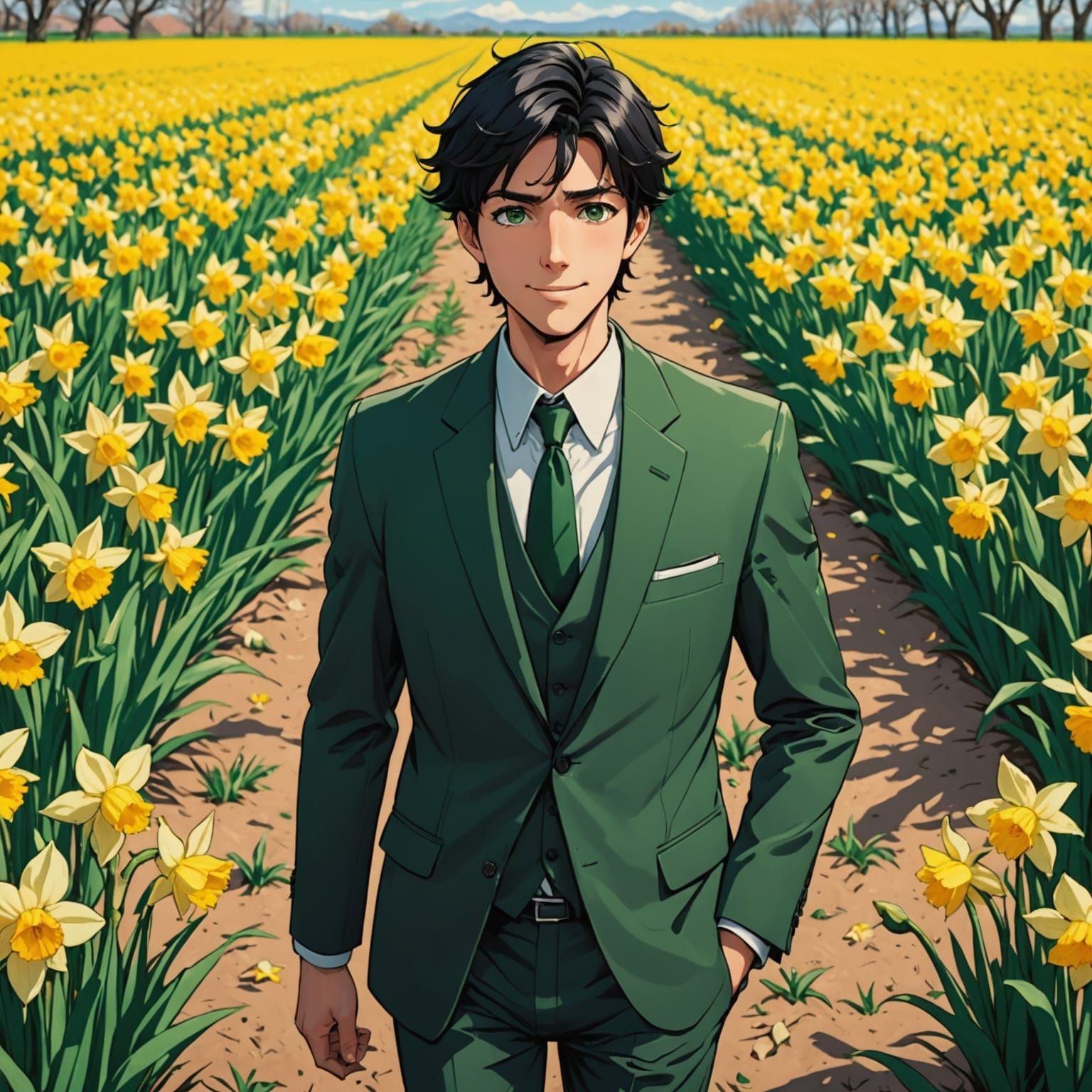 Young Man Surrounded by Vibrant Daffodils in a Stylish Anime...