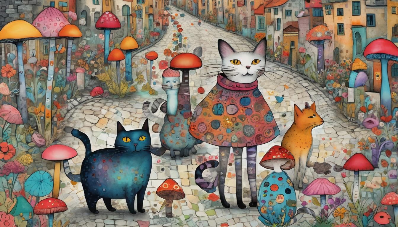 Cats on Cobblestone Streets in Mixed Media Style