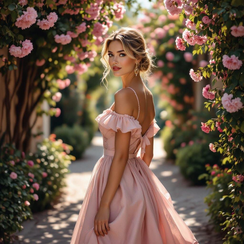 Photorealistic Woman in Pink Dress Walking in Floral Alley