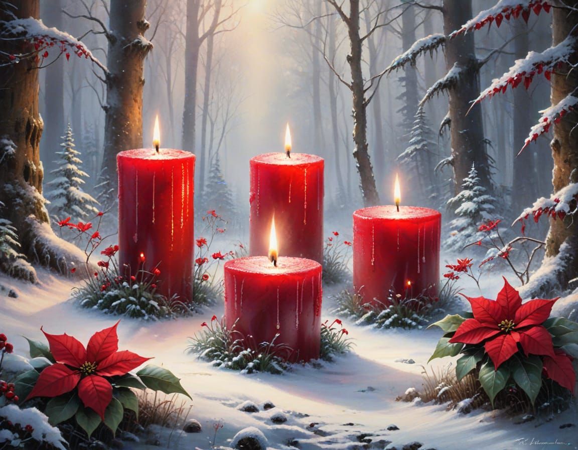 Red Poinsettias & Candles in Snowy Forest