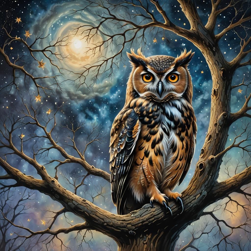 Ethereal Owl in Starry Night Sky: Pop Surrealism