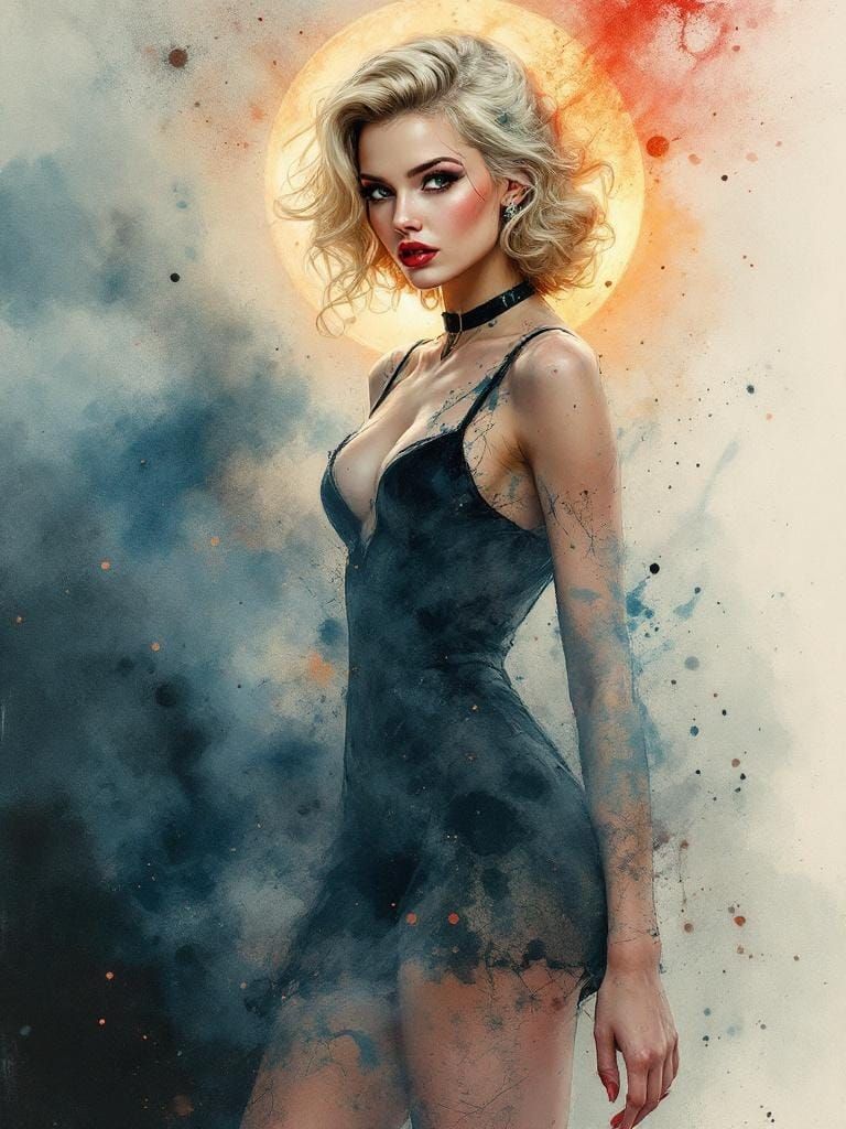 1950s Pin-Up in Whiskey-Splatter Watercolor Style