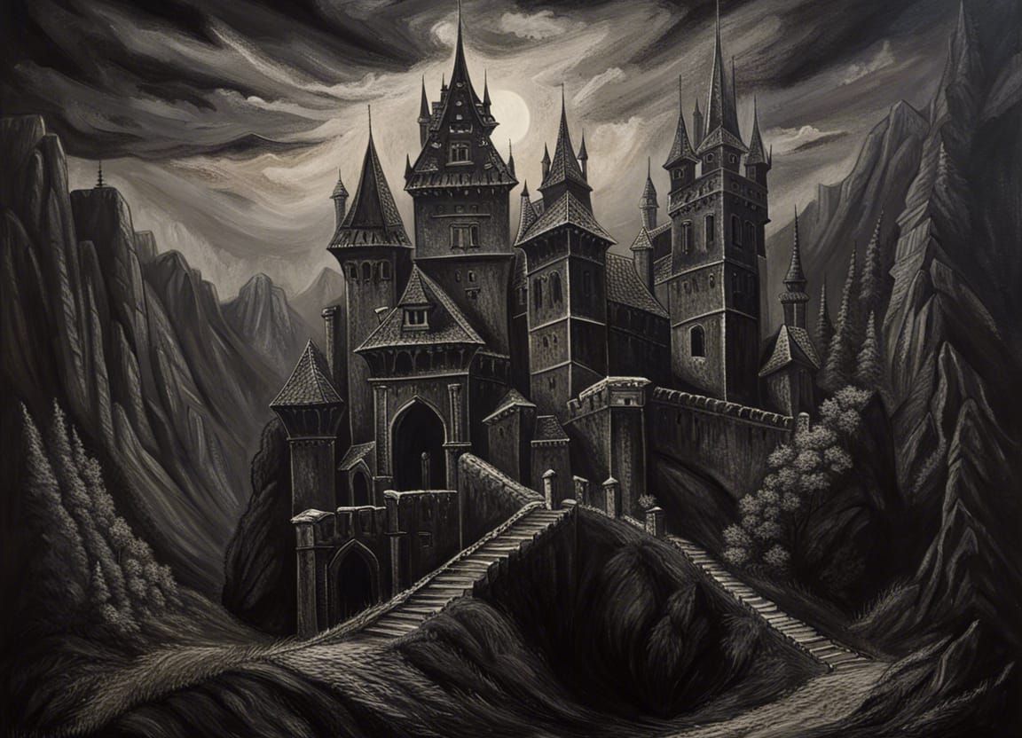 Ominous Monochromatic Oil Painting of Dracula's Castle