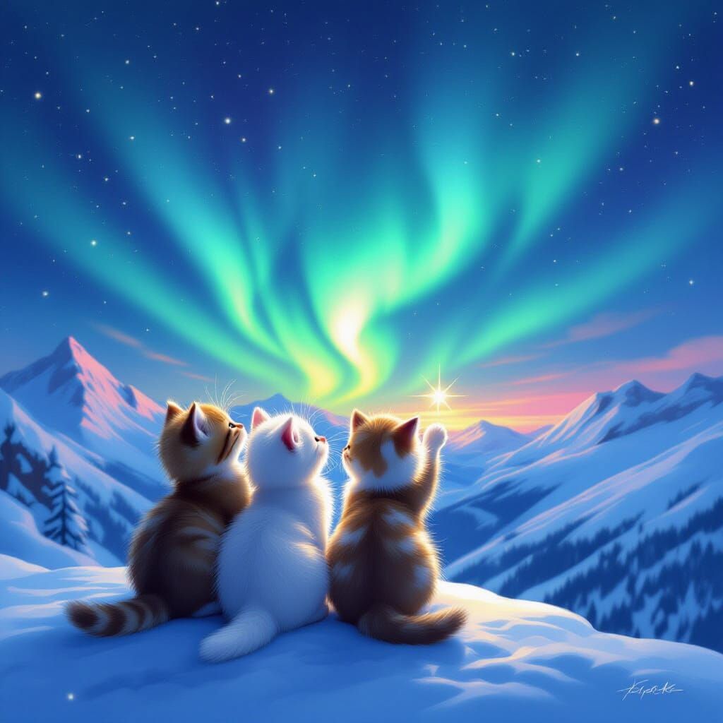 Kittens Admire Aurora Borealis on Snowy Mountain