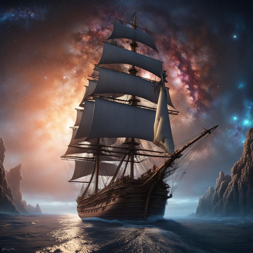 Sailing Ship Flies Among Stars: Fantasy Concept Art