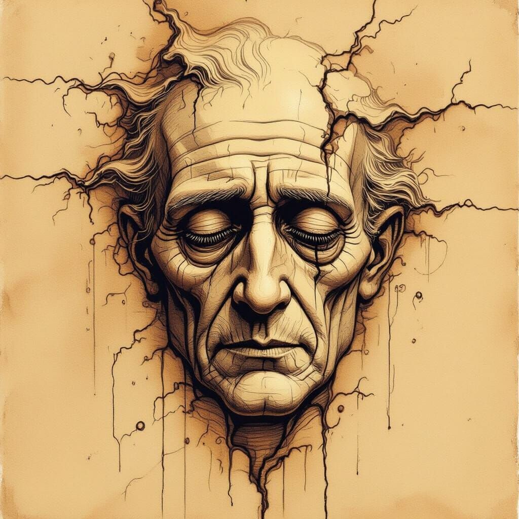 Melancholic Face Melts in Sepia Etching Style