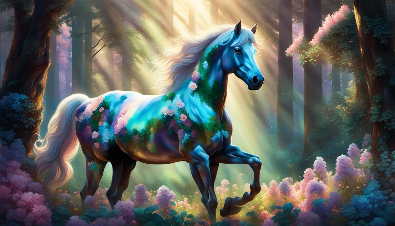 Opalescent Centaur in Forest, Photorealistic Digital Art