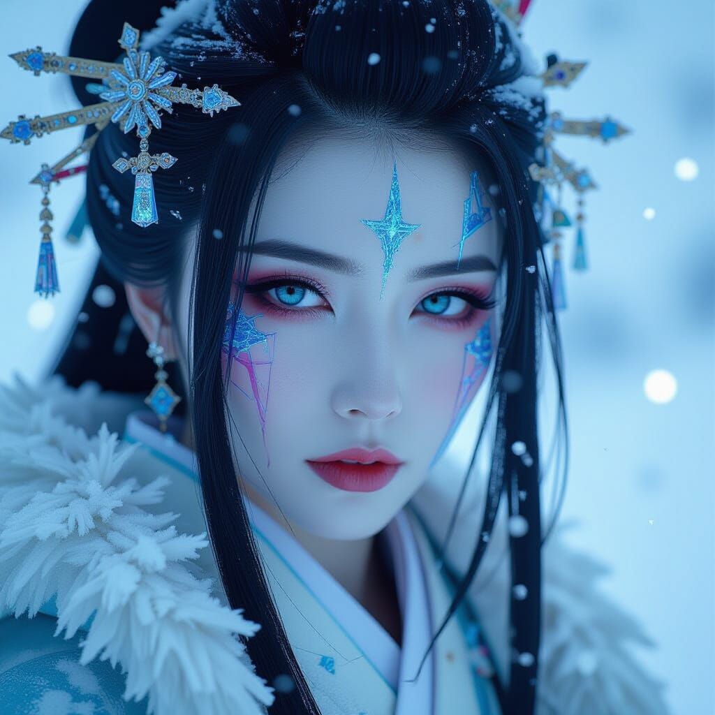 Glitch Art Yuki-Onna Portrait with Digital Corruption