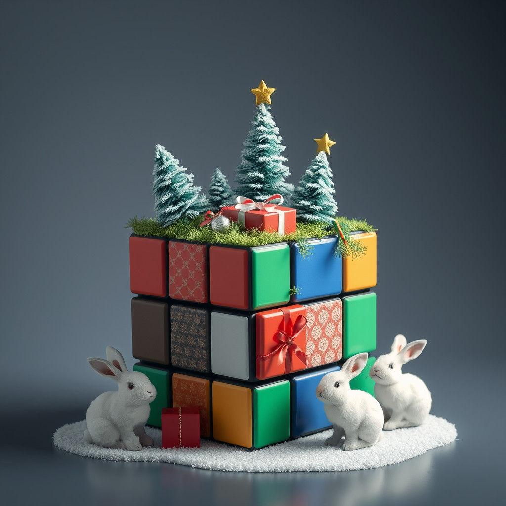 Surreal Christmas Rubik's Cube with Bunnies in 3D