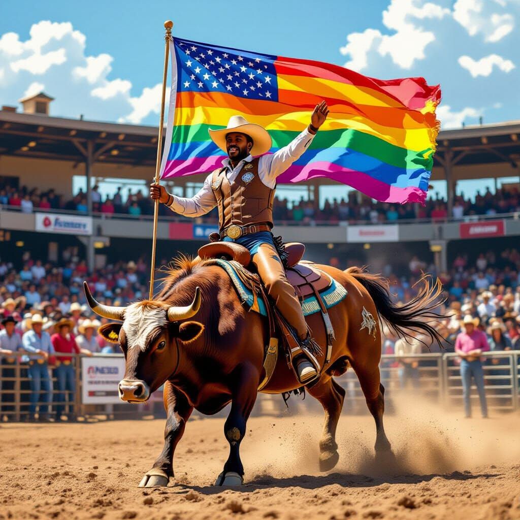 Cowboy Rides Bull Holding Pride Flag, Dynamic Brushstrokes