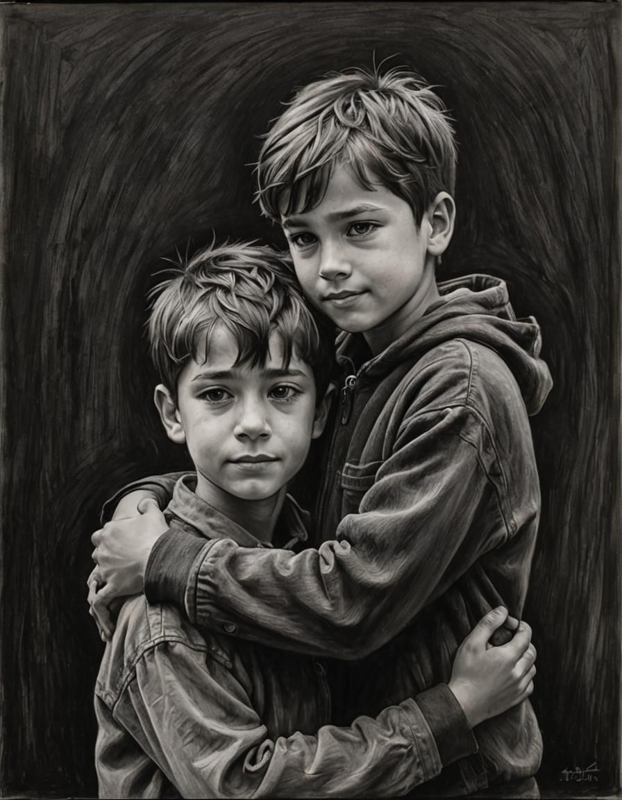 Brothers Hugging: Expressive Charcoal Drawing