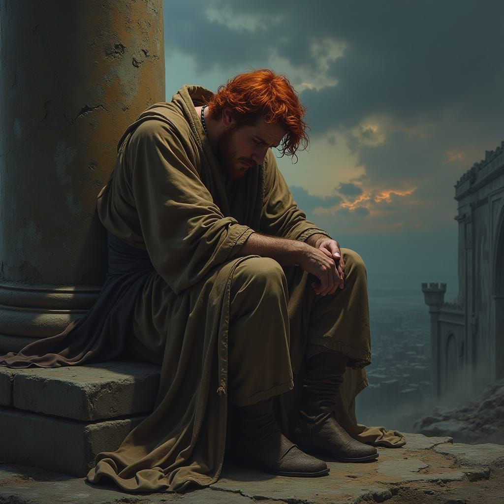 Tormented Wanderer Cradles Grief Amidst Ruins