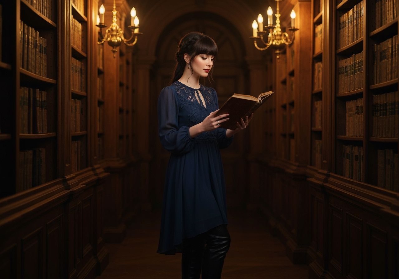 Woman Reading in Library, Photorealistic Style
