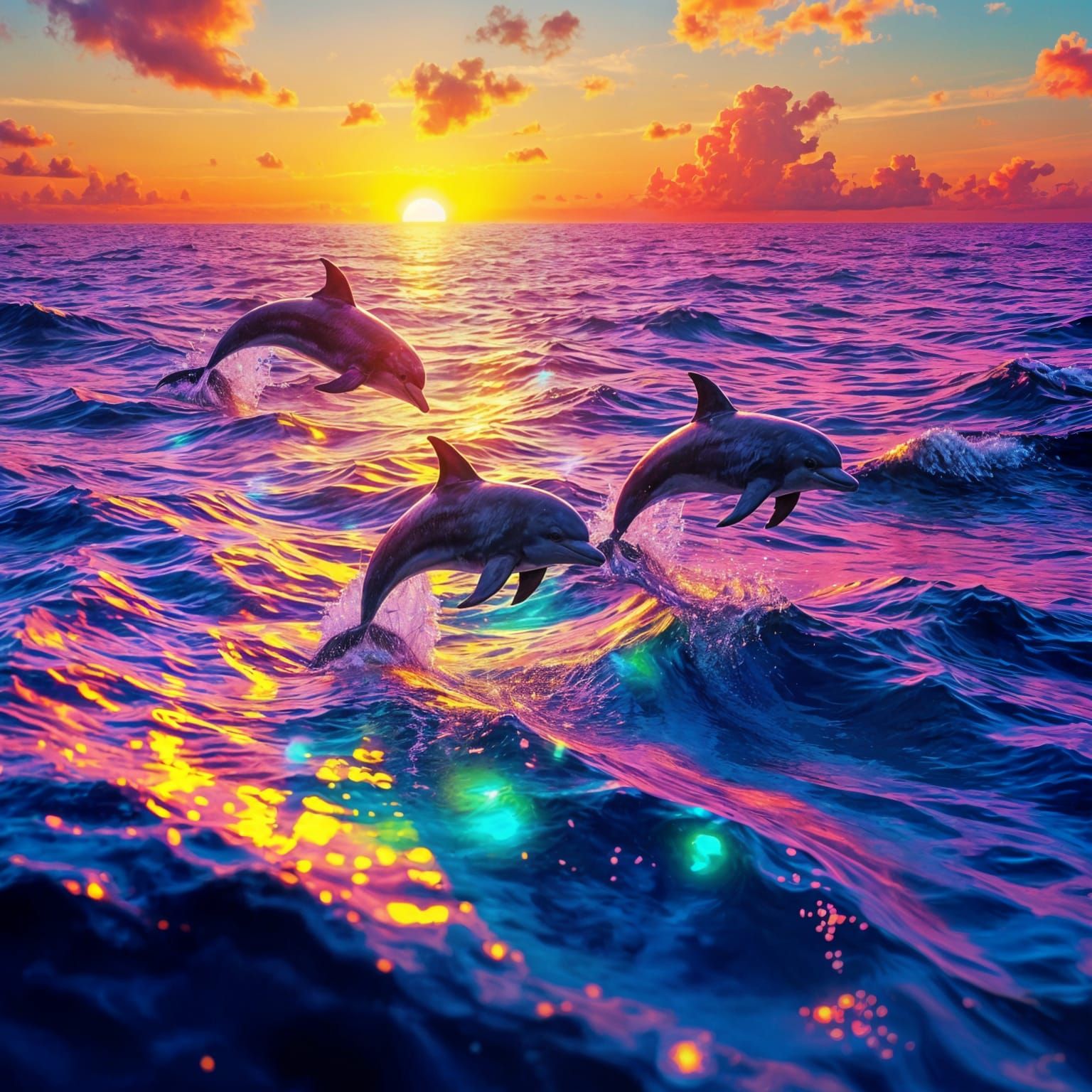 Vibrant Sunset Dolphins in a Rainbow Ocean