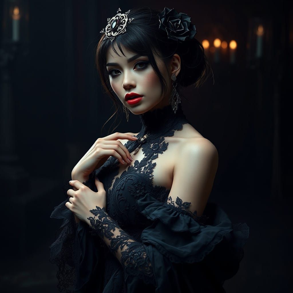 Elegant Woman in Dark, Ornate Attire, in Moody, High-Contras...
