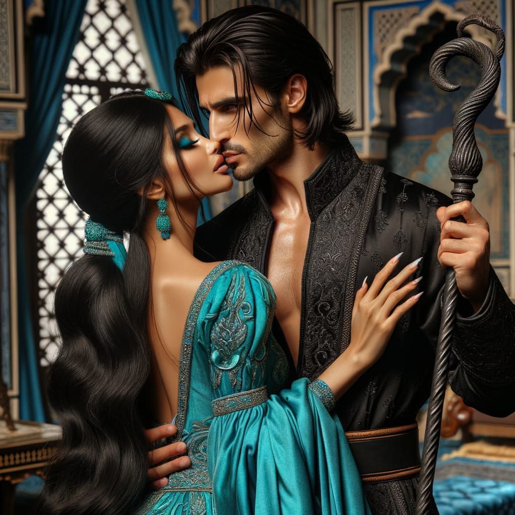 South Asian Princess in Regal Turquoise Kisses Sorcerer in O...