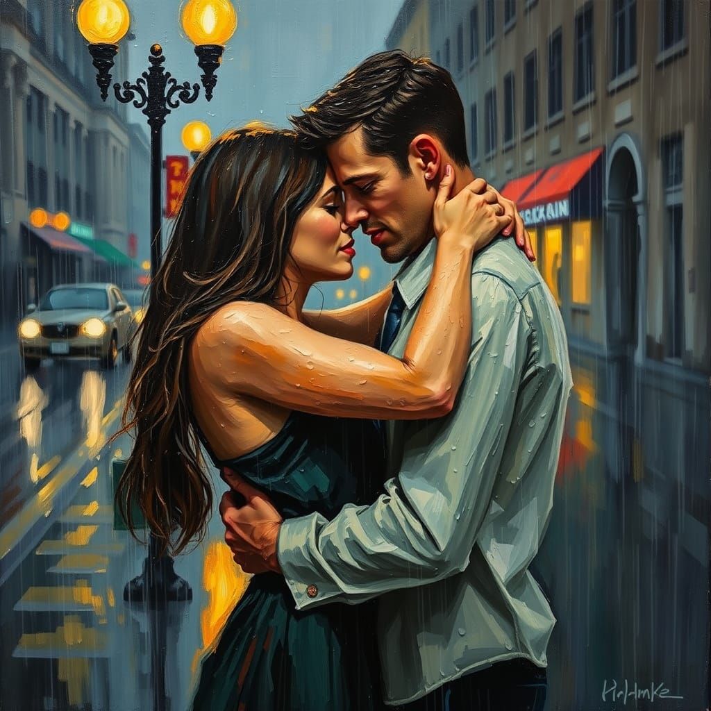 Passionate Embrace in Rainy City: Expressionist Painting