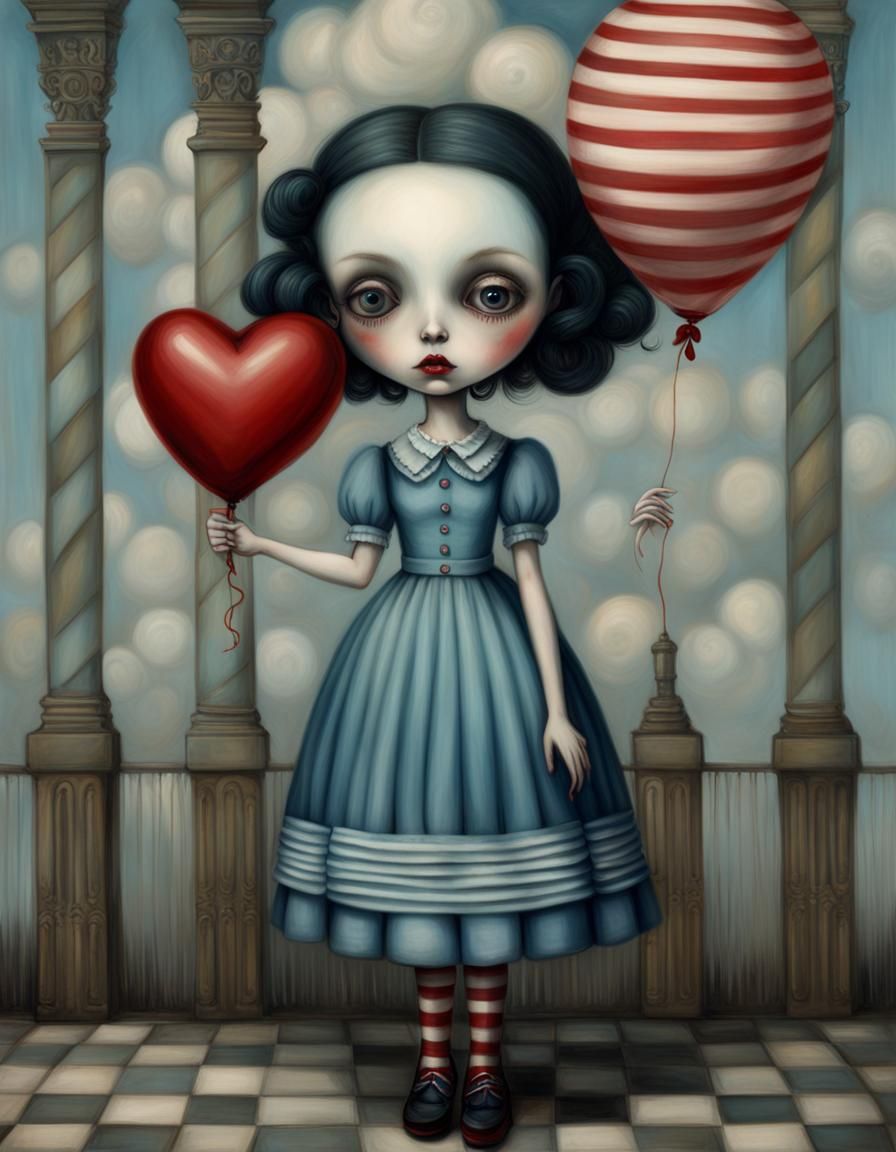 Melancholic Girl with Heart Balloon in Burtonesque Style