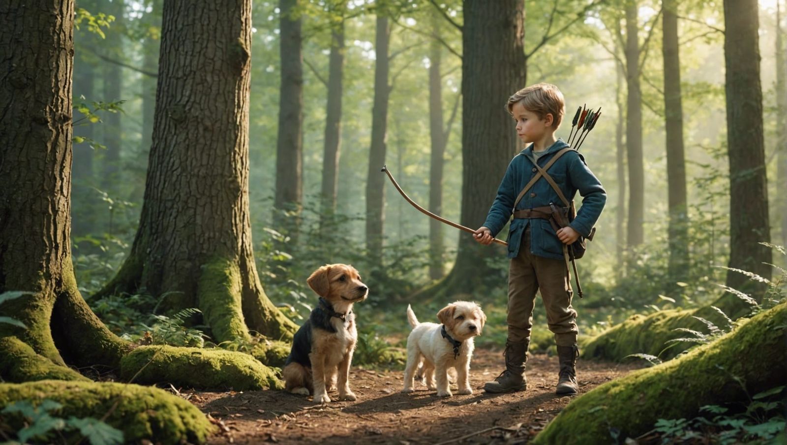 Boy with Bow and Arrow in Woodland Scene