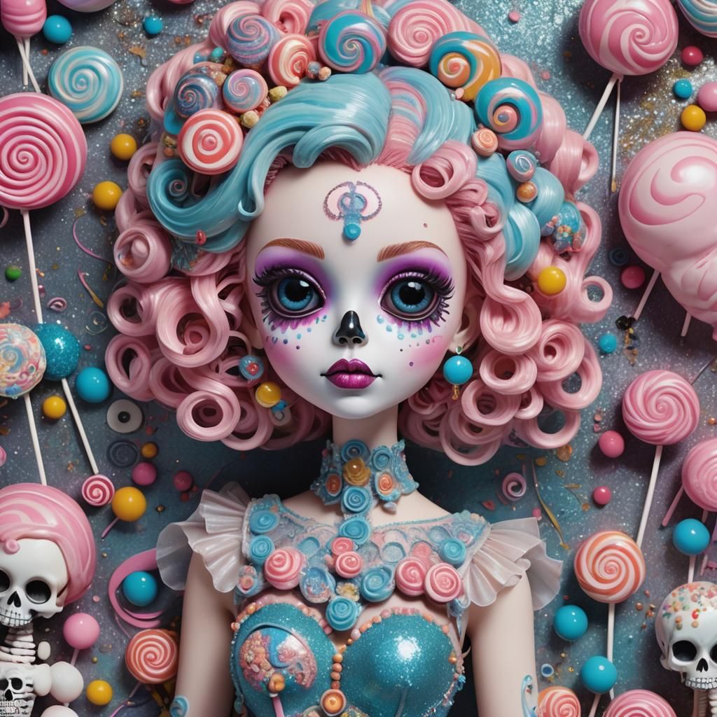 Vibrant Candy Skull Baby Doll Head as 3D Art