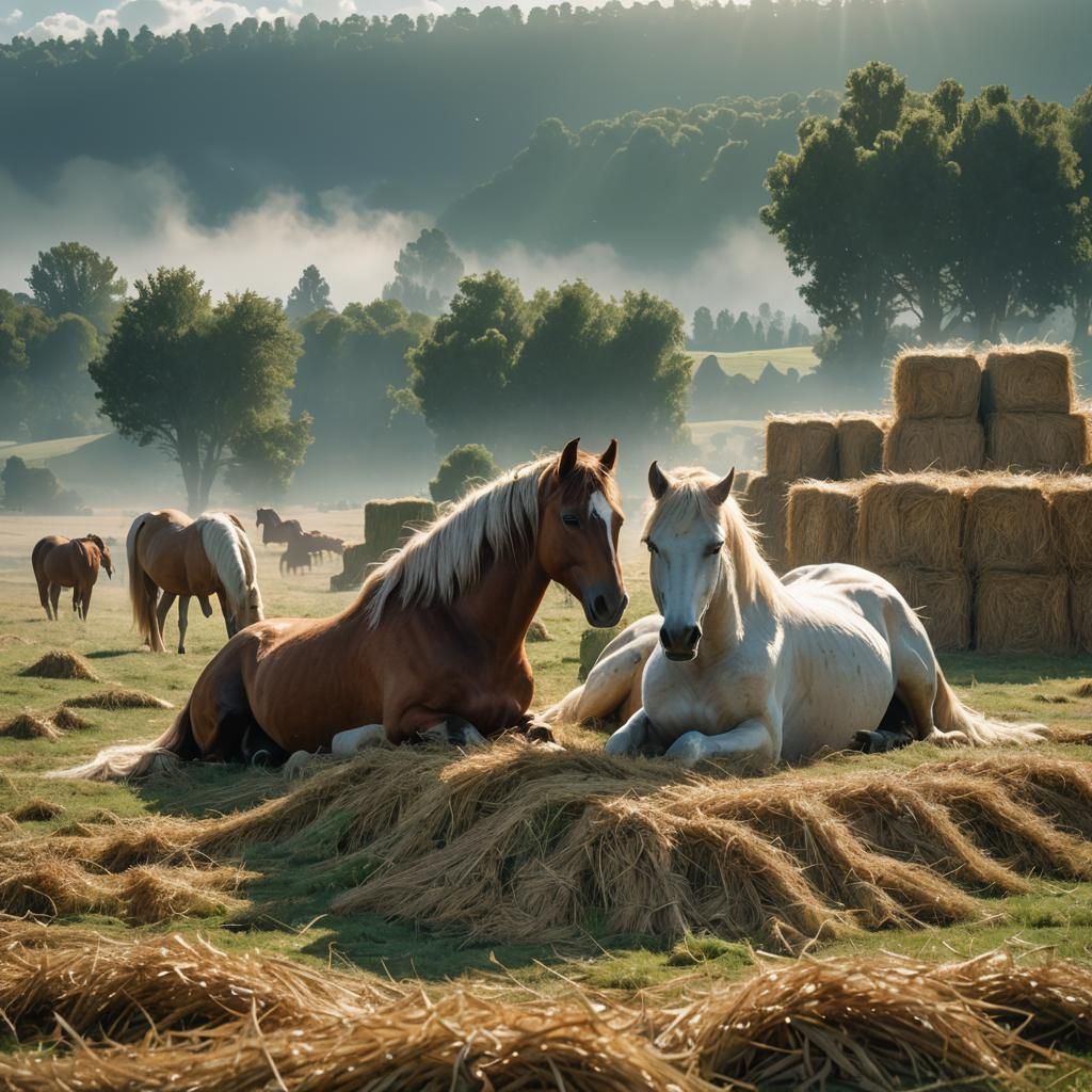 Horses Resting in Field: Photorealistic Concept Art