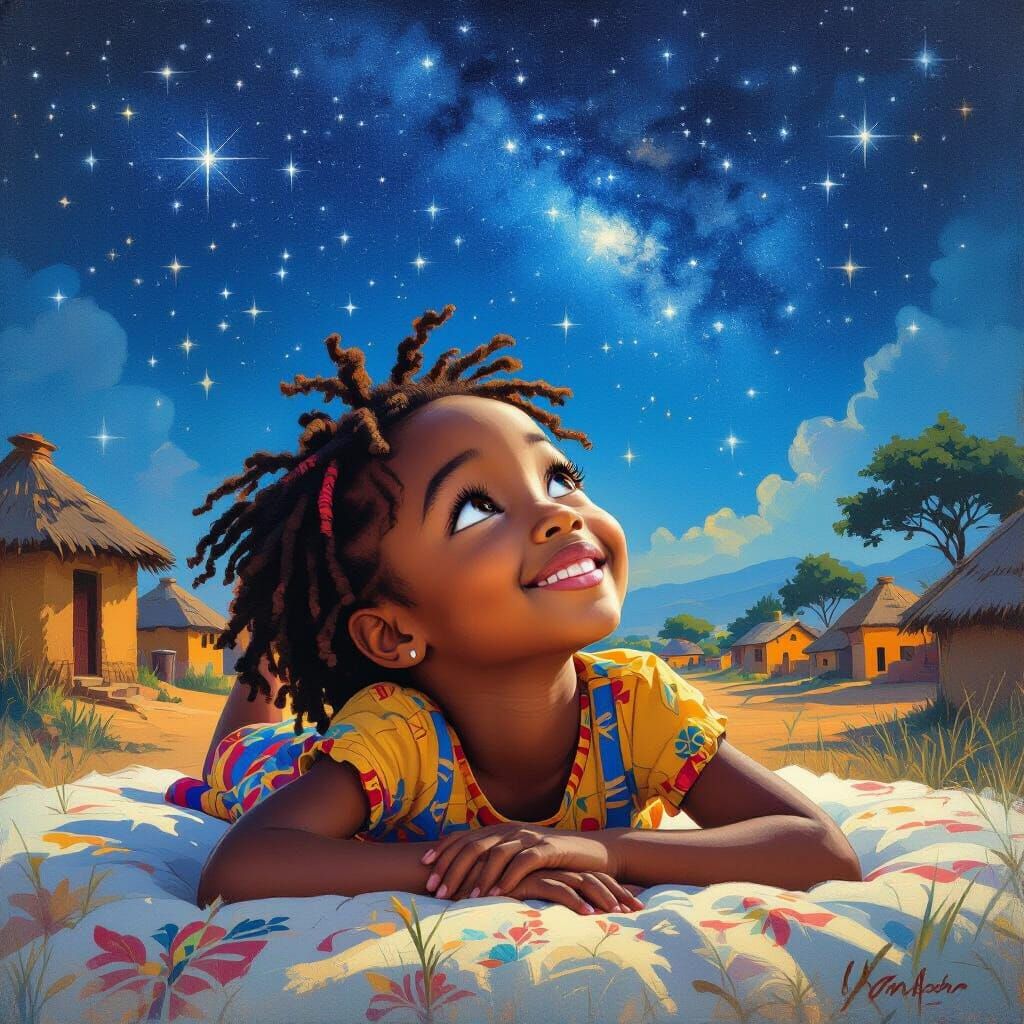 Child Gazing at Starry Sky in Digital Painting Style