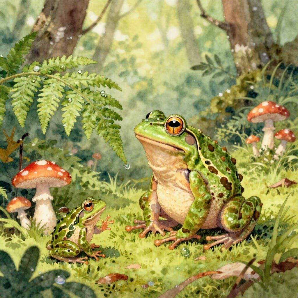 Happy Frog Inspects Dewdrop on Watercolor Forest Floor