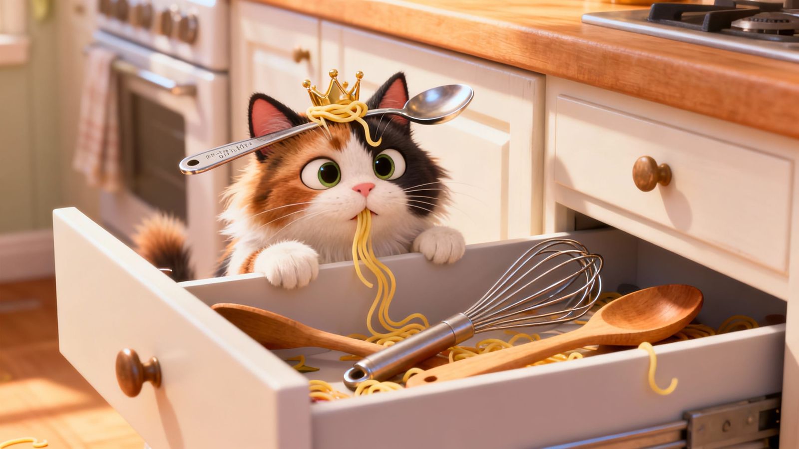 Fluffy Calico Cat Peeking From Drawer in 3D Animation Style