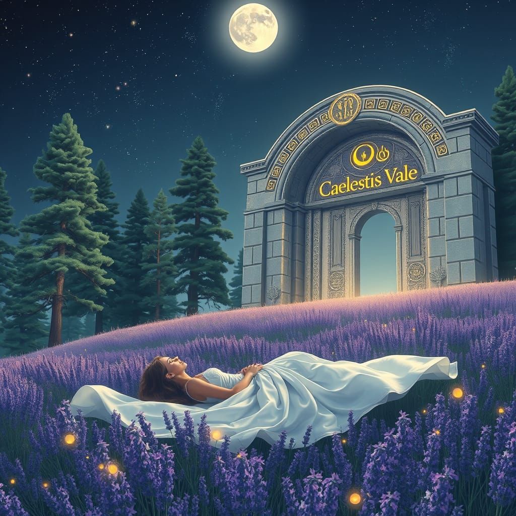 Starlit Lavender Field with Ancient Gate