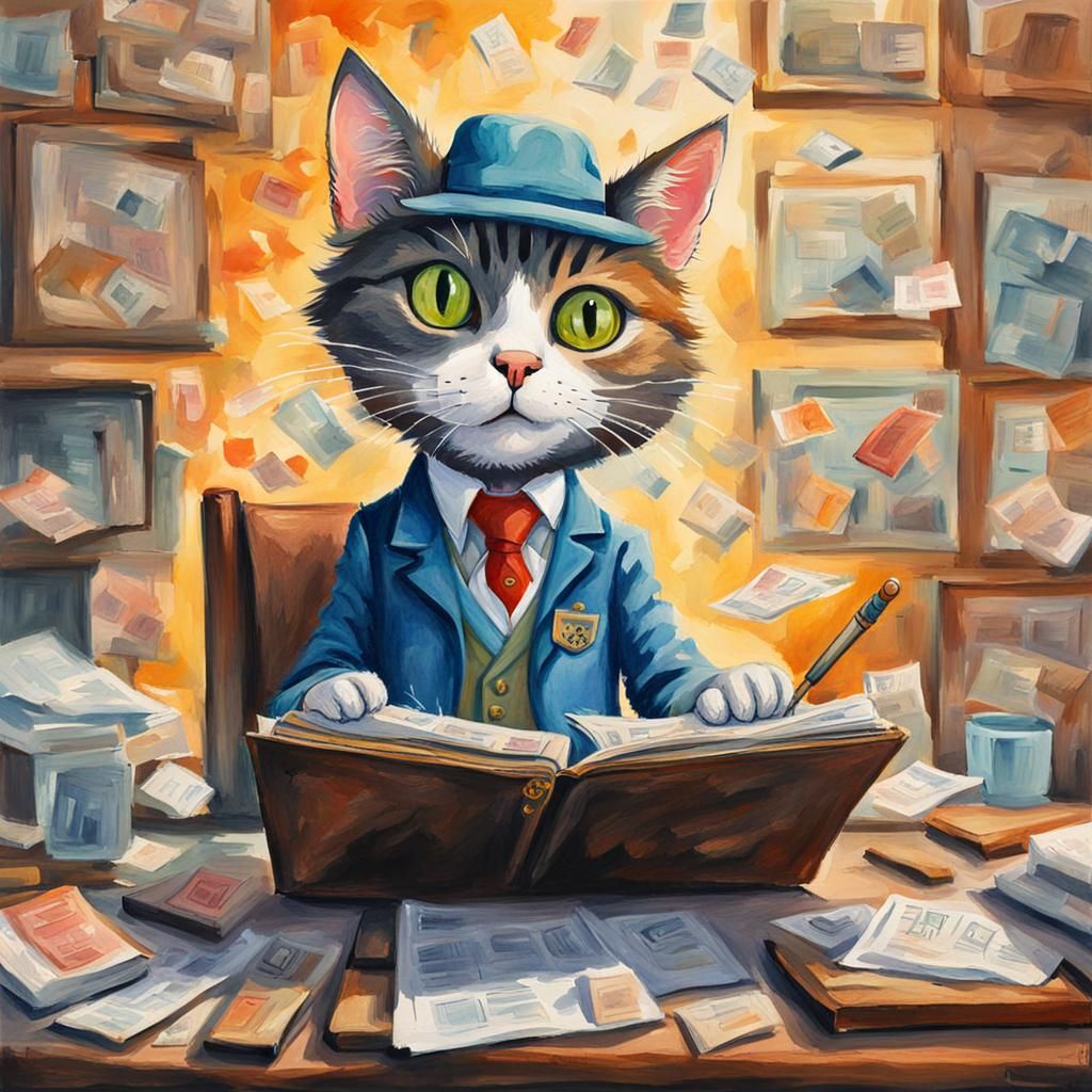 Cartoon Cat Commits Tax Fraud as Gouache Painting