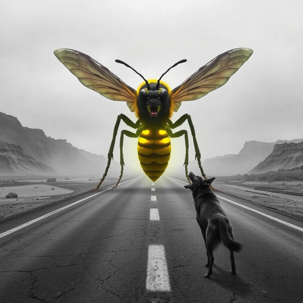 Giant Wasp Menaces Dog in Bleak Landscape